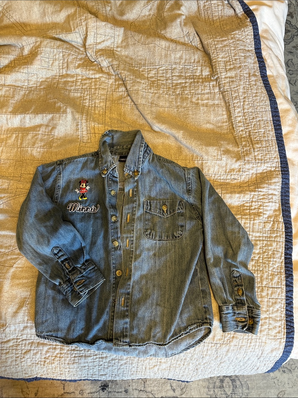 Kids Denim Button-Up Shirt with Minnie Embroidery - Blue